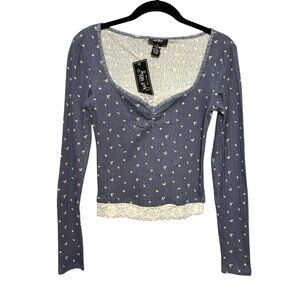Just Polly Blue Floral Long Sleeve Ribbed Knit Top With Lace Hem Juniors Medium